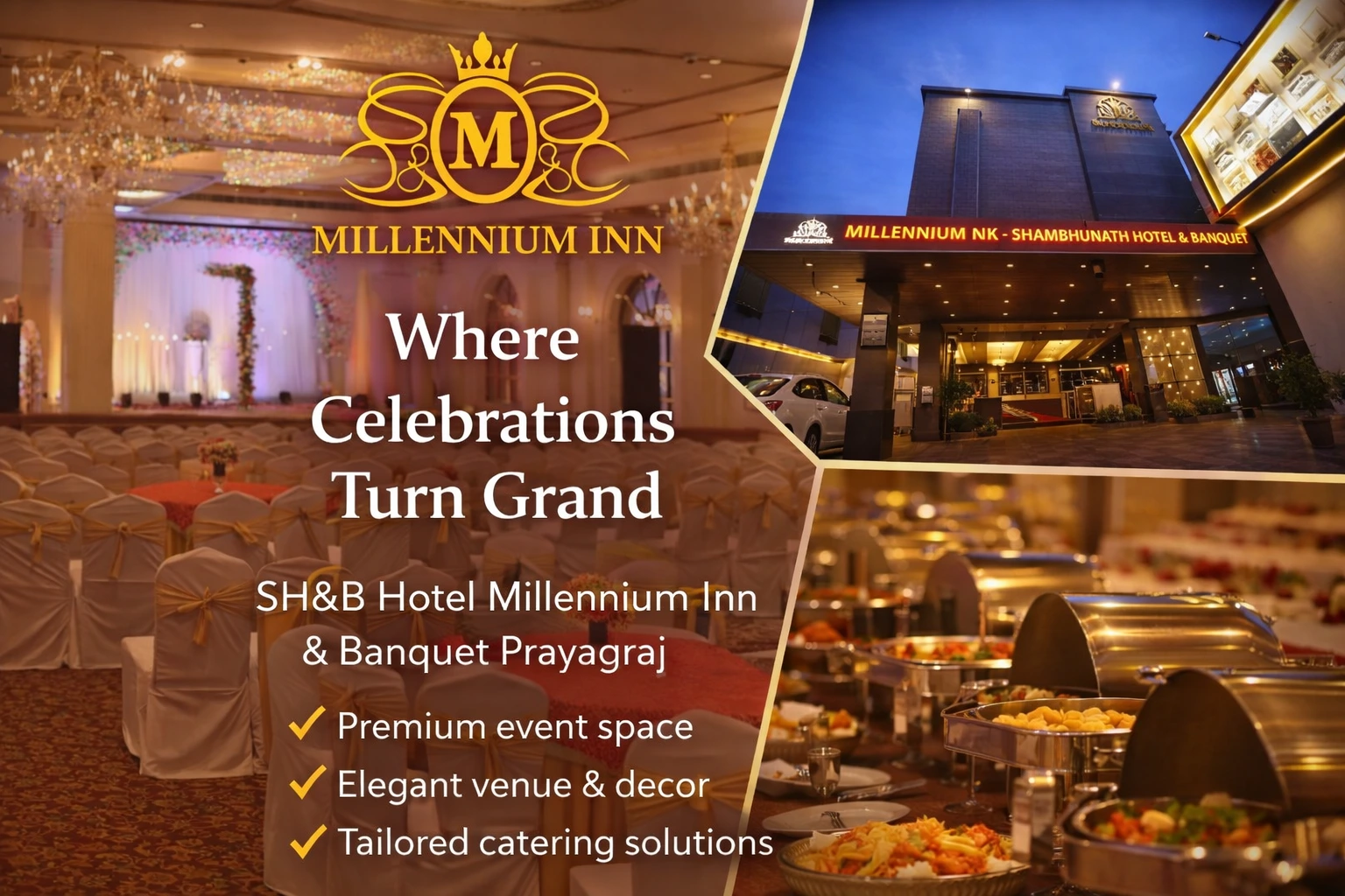 Banquet hall in Prayagraj at Millennium Inn featuring elegant wedding décor, premium event space, and grand celebration setup with catering services.