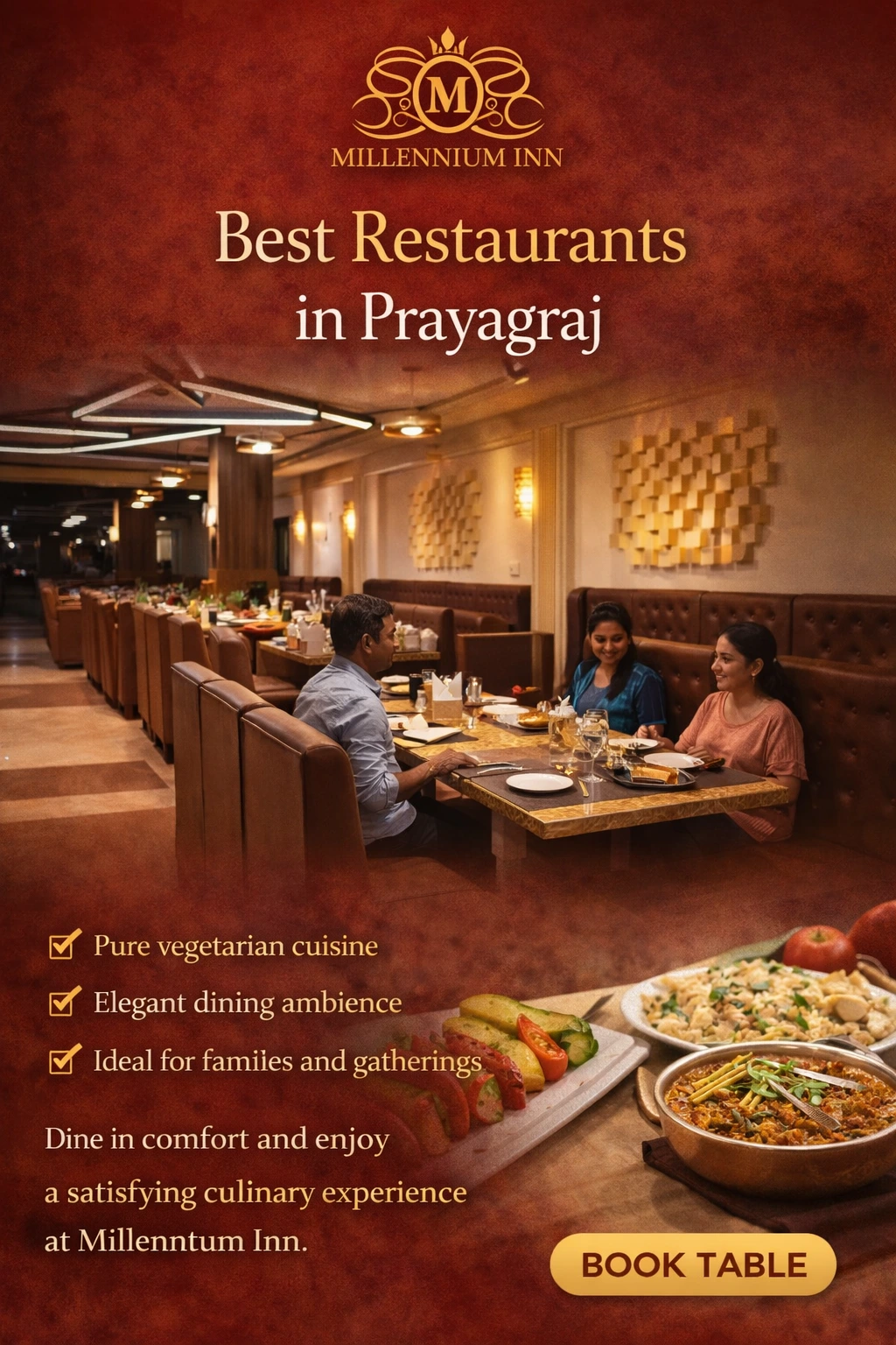 Best restaurant in Prayagraj featuring a pure vegetarian dining area with families enjoying meals in an elegant restaurant ambiance at Millennium Inn.